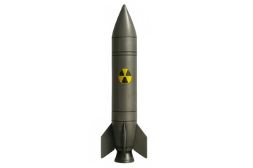 Ballistic nuclear missile with radiation symbol, representing global warfare threat and geopolitical conflict