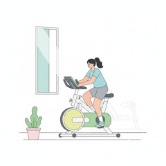Fototapeta premium A woman exercising on a stationary bike indoors, focusing on fitness, endurance, and a healthy lifestyle