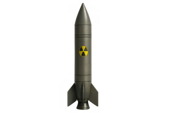 Ballistic nuclear missile with radiation symbol, representing global warfare threat and geopolitical conflict