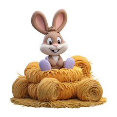 Cartoon Easter Bunny Sitting in Hay Nest with Isolated.