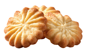 Two light-tan, round cookies with a sunburst or star pattern, overlapping slightly, on a black background