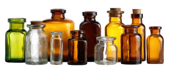 Various glass bottles with cork stoppers