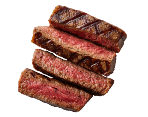 Four grilled steak slices, stacked, showing a range of doneness from medium-rare to slightly charred