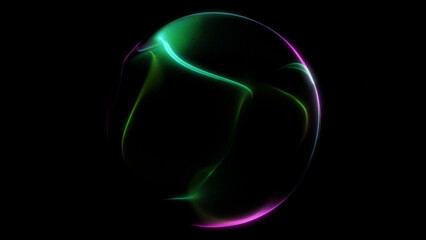 Pink and green glowing sphere with soft light reflections and abstract fluid surface. Luminous gradient orb design.