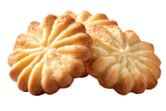 Two light-tan, round cookies with a sunburst or star pattern, overlapping slightly, on a black background