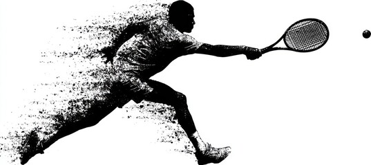 Dynamic silhouette of a tennis player in action, showcasing a powerful swing with a racket. The grunge effect adds a raw, artistic touch, perfect for sports-themed designs.