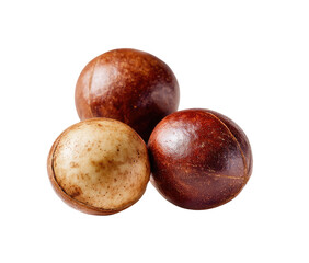 Obraz premium Three macadamia nuts, whole and in close-up, are arranged in a slightly overlapping, triangular formation against a black background. 