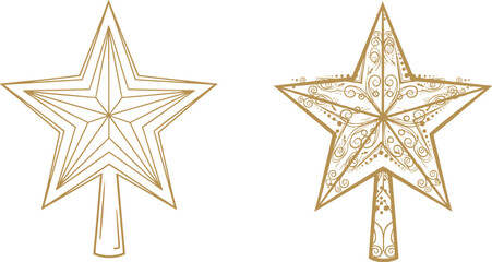 Flat vector illustration of star shaped tree toppers with gold design, festive holiday decoration, ornate and geometric style, seasonal concept