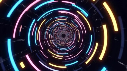 Futuristic neon light tunnel. Abstract journey through rotating colorful rings representing speed and technology - Powered by Adobe