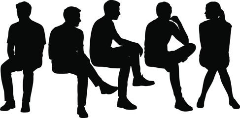 Flat vector illustration of seated human silhouettes in various poses, casual posture, side profile, minimal design, black and white concept