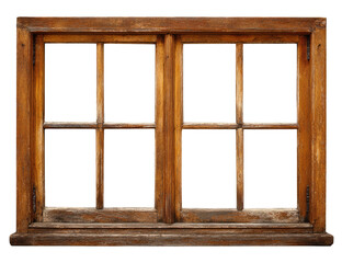 Obraz premium Aged wooden double-hung window, displaying multiple small panes, set against a stark black background. The wood shows signs of weathering and age
