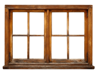 Aged wooden double-hung window, displaying multiple small panes, set against a stark black background.  The wood shows signs of weathering and age