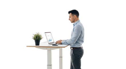 Man working on laptop at standing desk isolated on transparent background