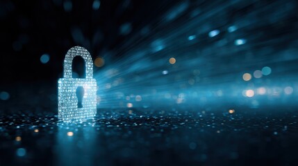 A digital padlock icon shines against a vibrant blue background, enhanced by light rays and a bokeh effect, symbolizing high-tech security and cyber protection for network systems.