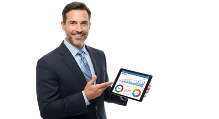 Smiling businessman in suit showing financial data on tablet, isolated on transparent background