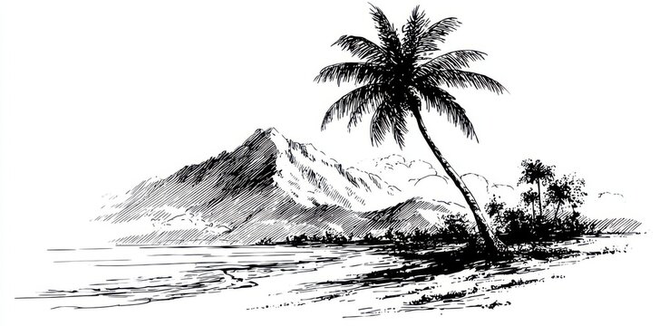 A striking black and white illustration depicting a Hawaiian palm tree by the beach, with a mountain backdrop. The simple design features vintage tones and grunge style, perfect for a tropical vibe.