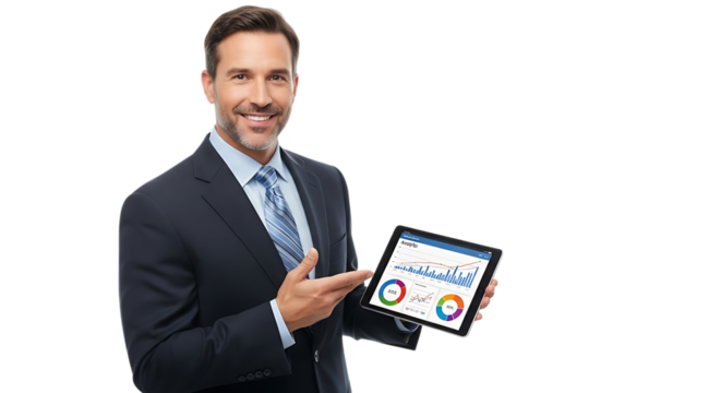 Smiling businessman in suit showing financial data on tablet, isolated on transparent background