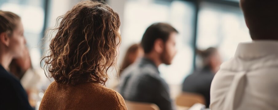 A diverse group of young professionals attentively listens to a speaker in a modern conference room, engaged in a collaborative training session at a corporate meeting.