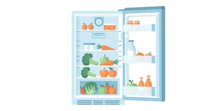 Open Refrigerator with Fresh Vegetables and Fruits