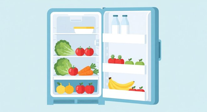 Open Refrigerator with Fresh Vegetables and Fruits