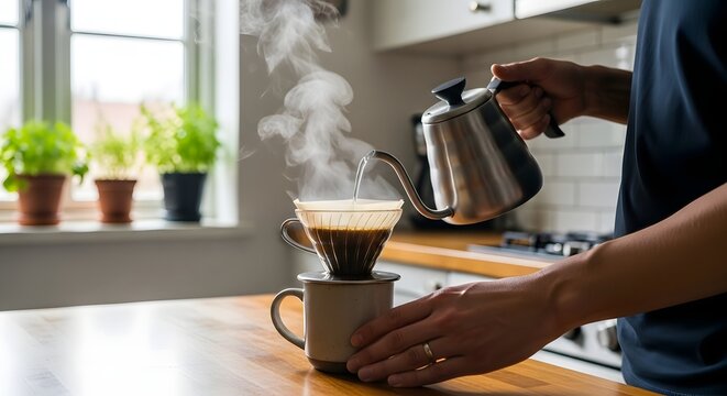 A person carefully pouring hot water into a filter with coffee, preparing to brew a fresh cup. 