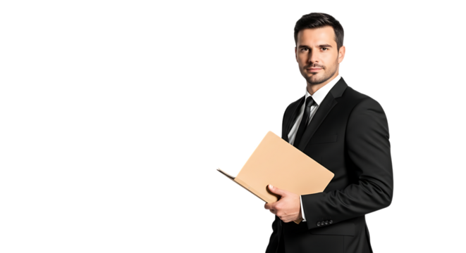 Professional businessman holding a folder isolated on transparent background