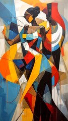 Abstract painting of a couple dancing, rendered with geometric shapes