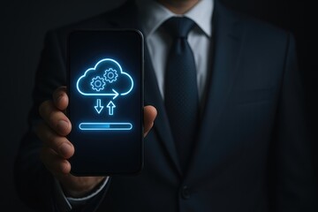 Businessperson holding phone with cloud sync and progress bar glowing neon blue