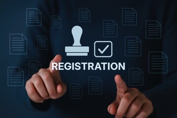 Confirmation icon, stamp, and text on a digital interface for registration.