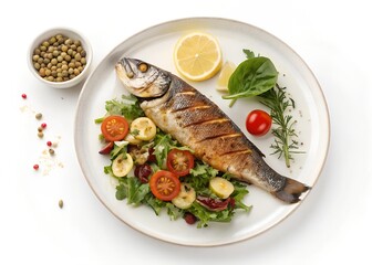 Grilled seabass served elegantly with fresh salad and zesty lemon for a gourmet lunch experience on