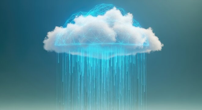 Digital cloud network emitting glowing blue data streams in a gradient sky