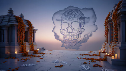 Day of the Dead altar with marigold flowers, candles and sugar skull in sky
