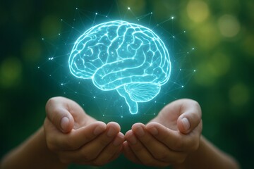 Glowing brain hologram floating above open hands