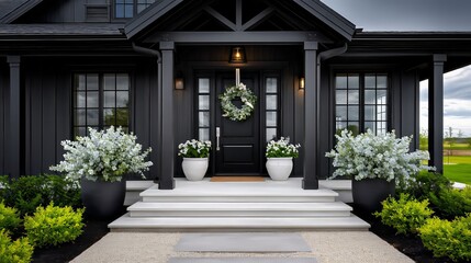 Modern farmhouse exterior featuring a black facade, welcoming front porch, contrasting white steps, and a decorative wreath on the elegant entrance door