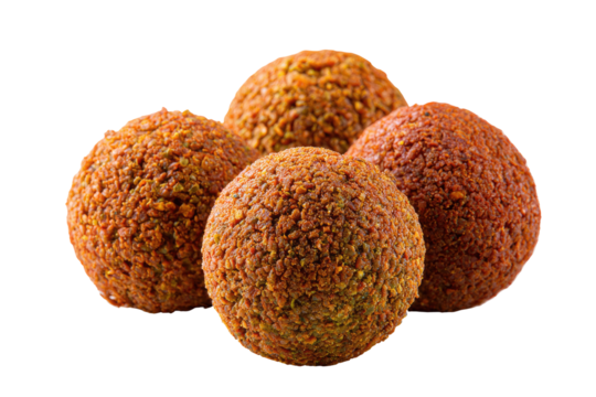 Close-up of four falafel balls,  a vibrant, deep-orange-brown.  They appear  crispy, and slightly textured, with  a slightly rough exterior