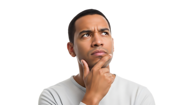 Man with hand on chin thinking, isolated on transparent background