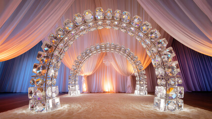 Luxurious crystal wedding arch with draped ceiling and warm lighting