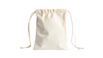 Cream-colored drawstring bag with visible texture, cords hanging. High-key lighting