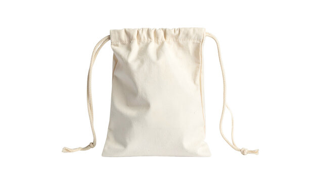 Cream-colored drawstring bag with visible texture, cords hanging. High-key lighting