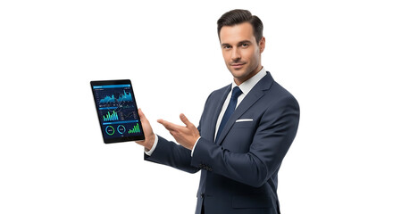 Businessman showing financial data on tablet isolated on transparent background