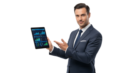 Businessman showing financial data on tablet isolated on transparent background