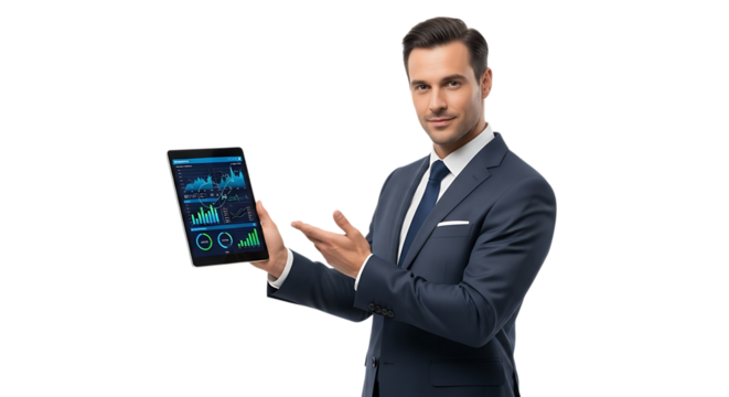 Businessman showing financial data on tablet isolated on transparent background