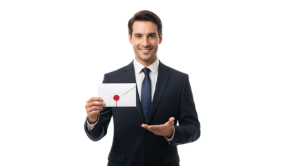 Smiling businessman holding an envelope isolated on transparent background