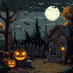 Pixel Art Haunted House with Glowing Pumpkins under Full Moon &ndash; Spooky Halloween Night Scene with Bats, Lanterns, and Autumn Trees. Perfect for retro pixel art lovers, Halloween backgrounds, and digit