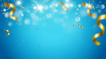 Gold confetti and glitter on blue festive background with copy space