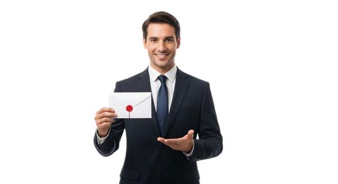 Smiling businessman holding an envelope isolated on transparent background