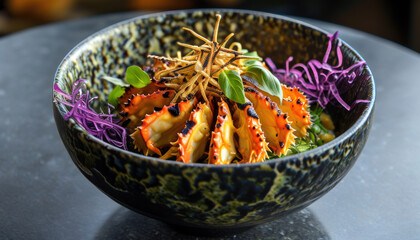 Gourmet king crab dish with truffle garnish on artistic plate for culinary presentation with copy space