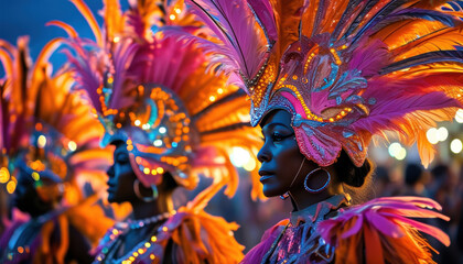 Vibrant carnival dance celebration with colorful costumes and feathers