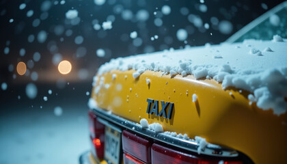 yellow taxi snow road, Winter night ride with falling snowflakes. cab under streetlights for urban transport and travel.  parked cars under snow.