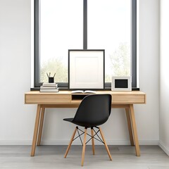 Modern home office setup with desk chair and picture frames